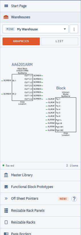 The Warehouses section of the library pane, with the warehouse picker, the Graphics and List switch, saved items on the canvas and the Saved status line